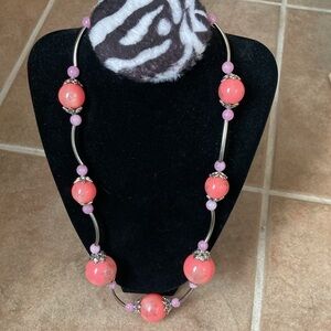 Big Faux Pink and Peach Stones, Silver and faceted beads necklace.